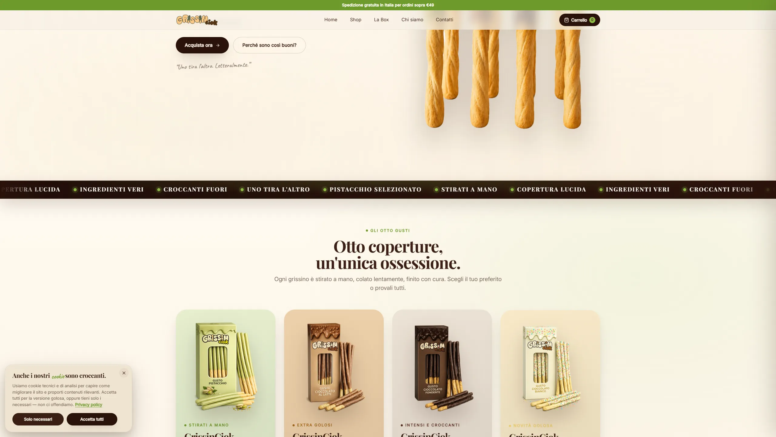 Sezione 'Gli otto gusti' dello store Grissinciok