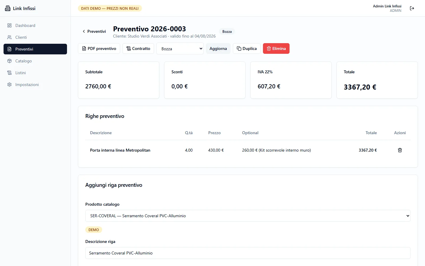 Dettaglio di un preventivo Link Infissi con righe prodotto, sconti, IVA e totale