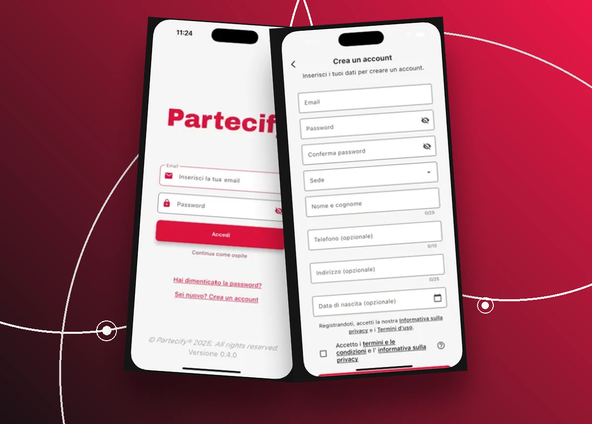 Schermate mobile Partecify per login e creazione account