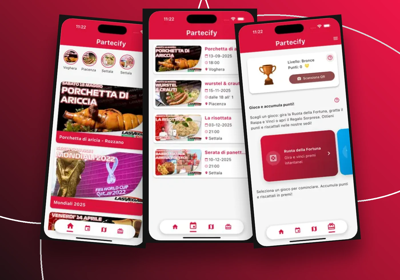 Composizione Partecify con home eventi, lista calendario e premi