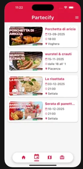 Lista eventi Partecify con date, orari e località