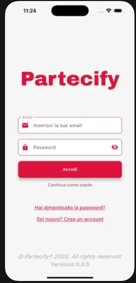 Login Partecify con accesso, ospite e recupero password