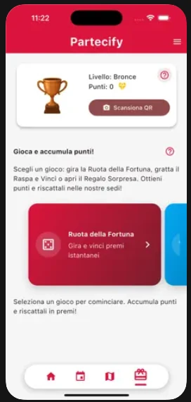 Area premi Partecify con livello Bronze, QR e ruota della fortuna