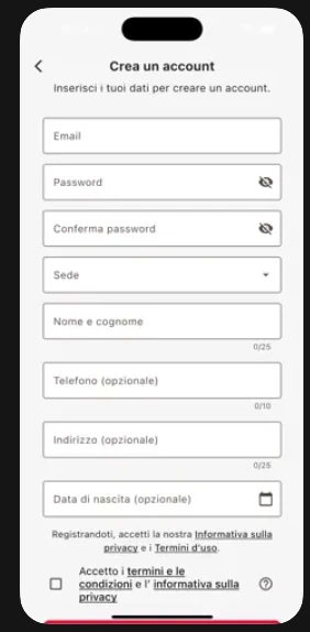 Creazione account Partecify con campi profilo e privacy
