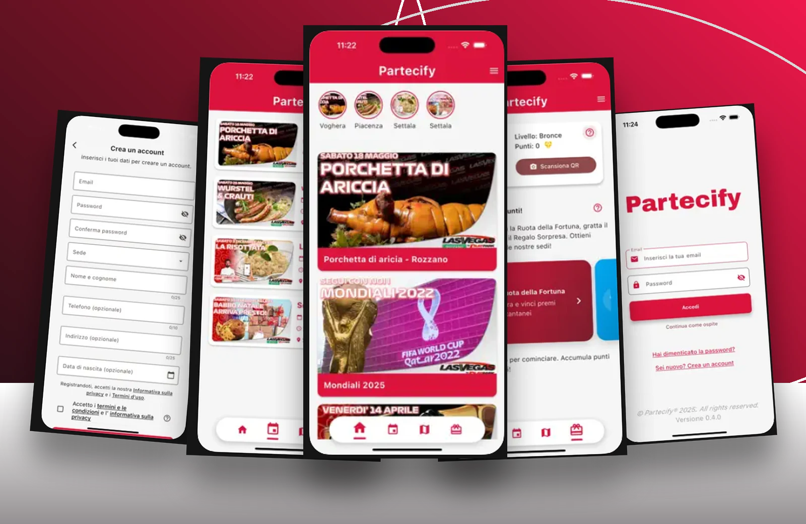 Schermate dell'app mobile Partecify: eventi, login, premi e registrazione